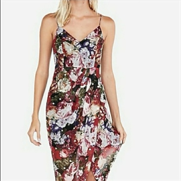 Express floral metallic detail faux wrap front spaghetti strap dress ❤️ - Picture 2 of 8
